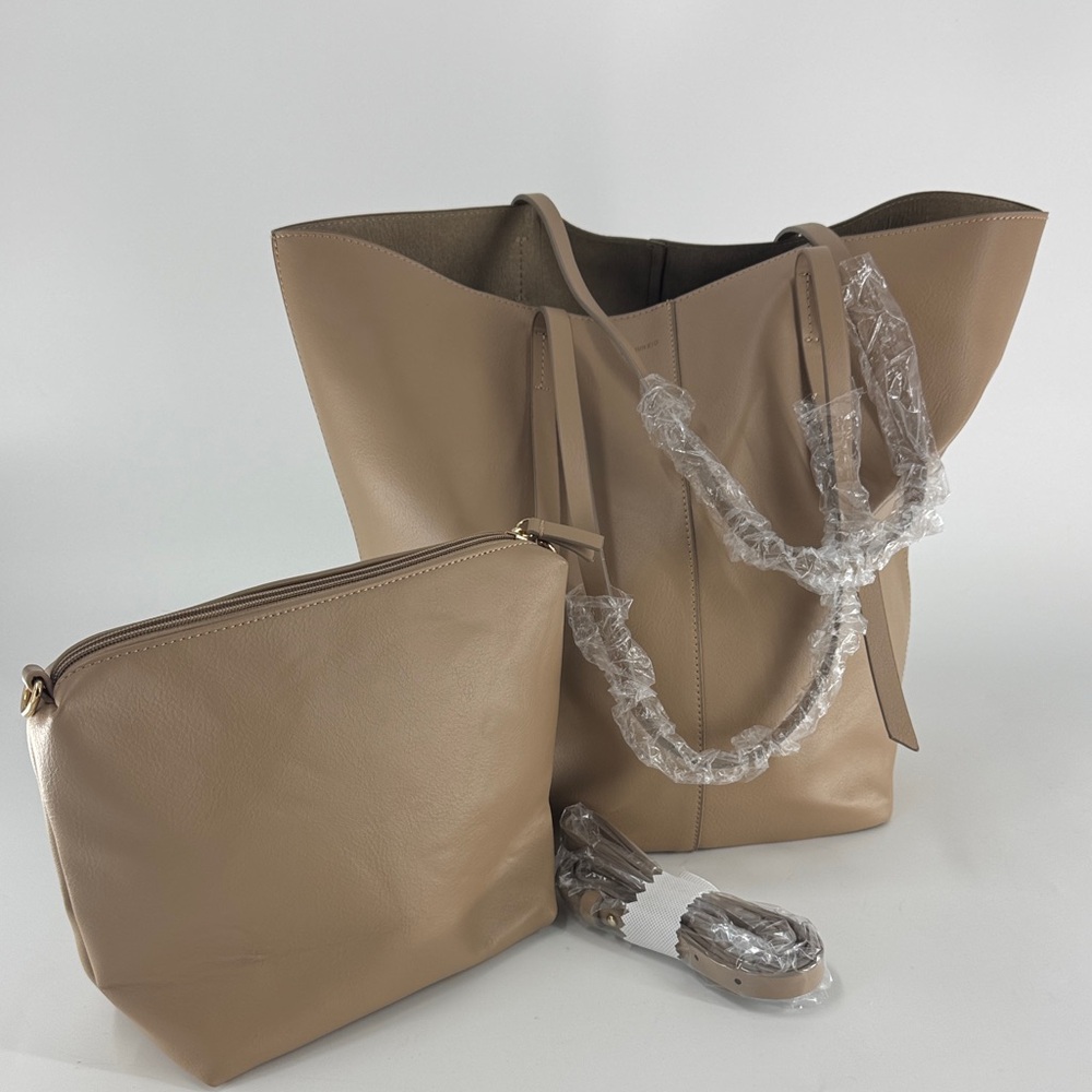 Women’s Beige Leather Tote Bag with Pouch - Classic Everyday Tote. REMI & REID